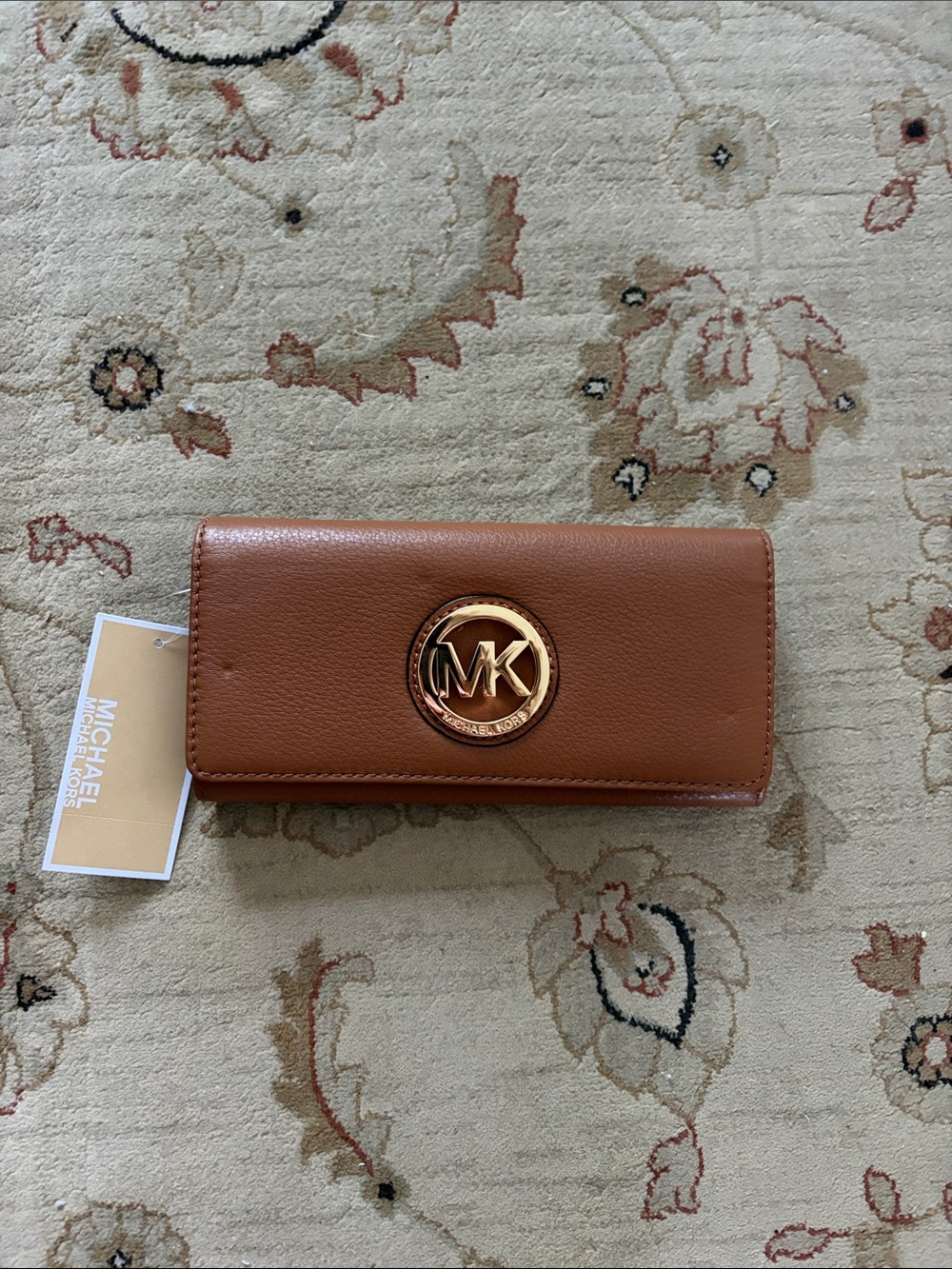 Michael Kors Brown Leather MK Logo Continental Wallet with Gold Emblem